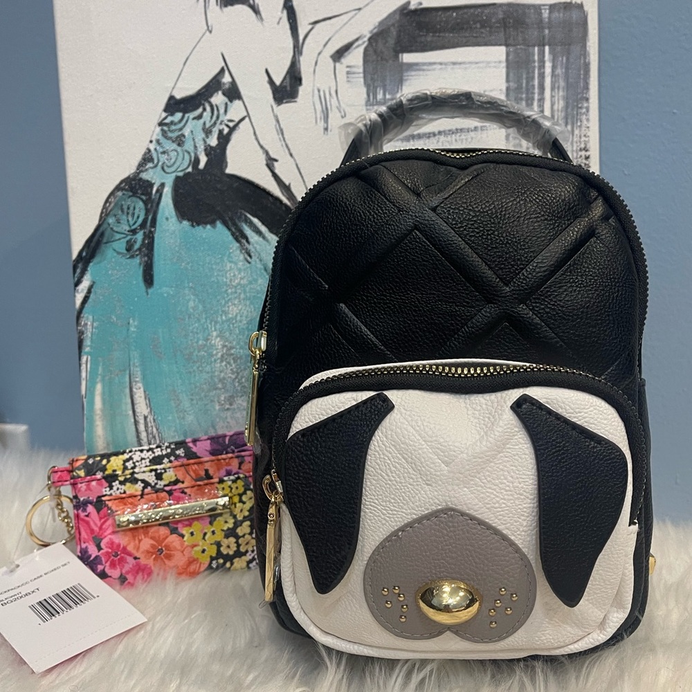 ✨BETSEY JOHNSON ADORABLE PUPPY FACE BACKPACK/PURSE  & CARDHOLDER SET NWT…